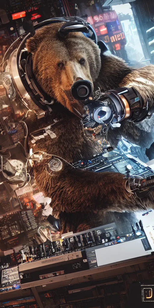 Image similar to a cyborg grizzly bear dj mixing records on stage, photorealistic, highly detailed, illustration, lifelike, highly detailed, intricate, octane render, sharp focus, cyberpunk