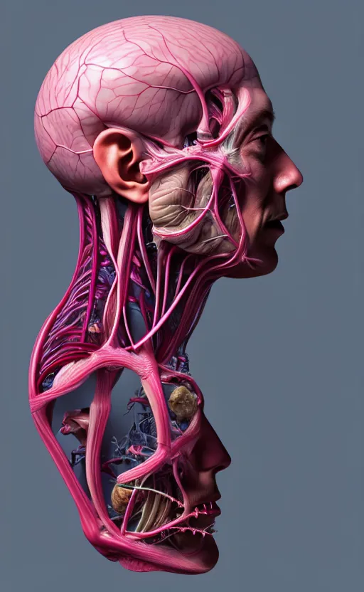 Image similar to a 3D render of a beautiful profile face portrait of a Elon Musk, 150 mm, beets, Mandelbrot fractal, anatomical, flesh, facial muscles, wires, microchip, veins, arteries, full frame, microscopic, elegant, highly detailed, flesh ornate, elegant, high fashion, rim light, octane render in the style of H.R. Giger and Man Ray