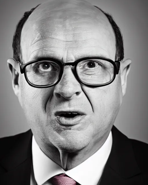 Image similar to avram glazer as the devil reincarnate, owner of manchester united football club, portrait, pure evil, devils horns, avram glazer, satan, hell, 8 k, 8 5 mm lens, photo realistic, symmetrical face, cinematic lighting