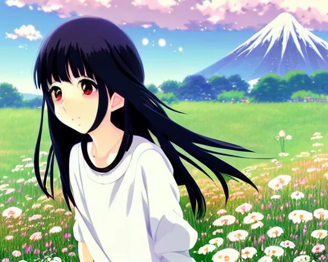 Image similar to beautiful anime girl with long black hair and bangs, wearing a white sweater, fine details portrait, a field of flowers and mountains in background, bokeh. anime masterpiece by Studio Ghibli. illustration, sharp high-quality anime illustration in style of Ghibli, Ilya Kuvshinov, Artgerm