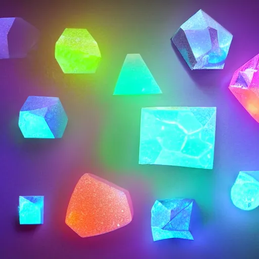 Prompt: something completely random and abstract made out of glowing gems and a rock