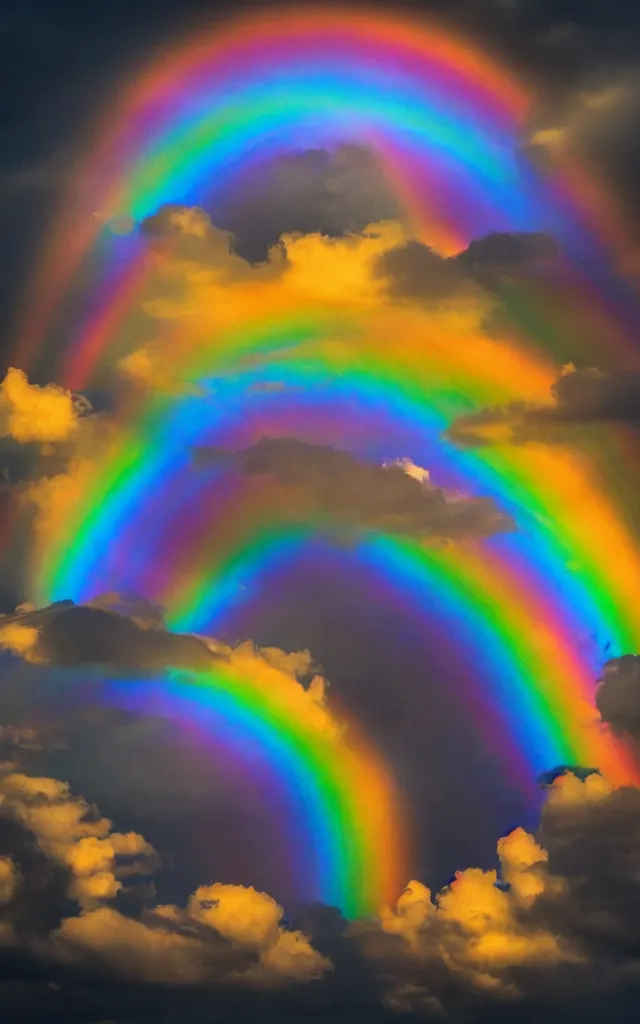 Image similar to dark night stormcloud, intricated multiple rainbows with emoji shapes, light gleams and beams photography
