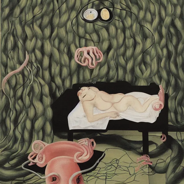 Image similar to a female pathology student in her apartment, wrapped in vines, medical equipment, candles, octopus, japanese tea ceremony, pig, black walls, ikebana, black armchair, sculpture, acrylic on canvas, surrealist, by magritte and monet