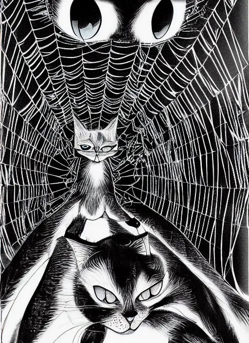 Prompt: a cat with spider legs and spider eyes, walking towards camera, highly detailed, by junji ito.