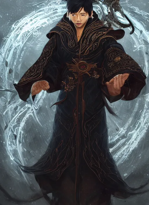 Prompt: a highly detailed illustration of short haired asian man as wizard wearing ornate black robe and mage hat, dramatic magic floating pose, intricate, elegant, highly detailed, centered, digital painting, artstation, concept art, smooth, sharp focus, league of legends concept art, WLOP