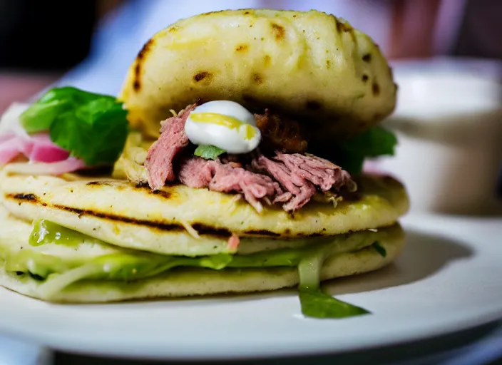 Image similar to dslr food photograph an arepa filled with sliced meat 8 5 mm f 1. 8