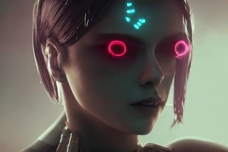 Prompt: vfx film closeup, retrowave necromancer cyberpunk beautiful robot woman, atmospheric, flat color profile low - key lighting award winning photography arri alexa cinematography, hyper real photorealistic cinematic, atmospheric cool colorgrade