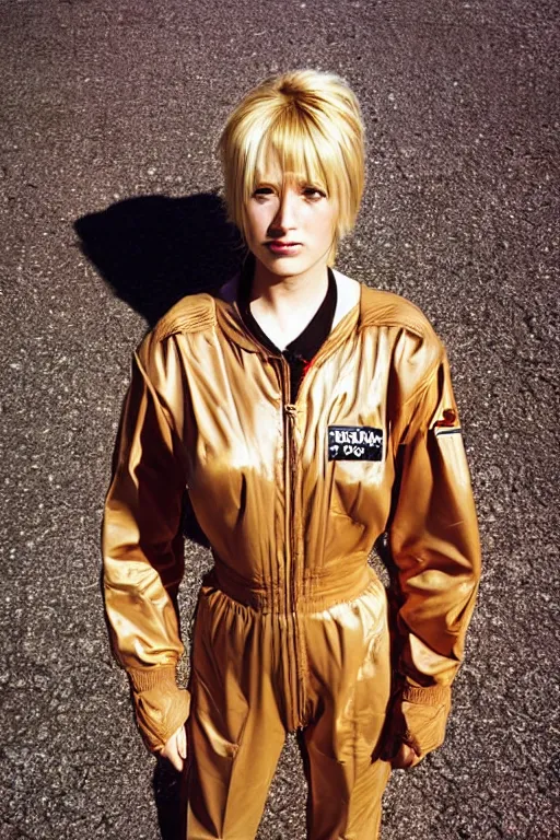 Prompt: kodak portra 4 0 0, 8 k, highly detailed : beautiful three point perspective extreme closeup 3 / 4 portrait photo in style of chiaroscuro style 1 9 9 9 s frontiers in flight suit cosplay berlin seinen manga street photography vogue fashion edition, tilt shift sun background, focus on tan model, cute style ; blonde hair ; open lips ; tendu pose