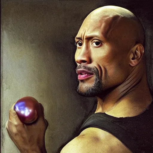 Prompt: Dwayne Johnson with a pearl Johannes Vermeer