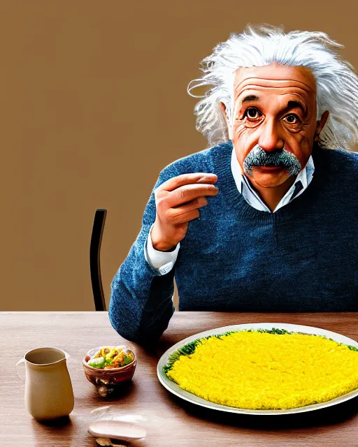 Image similar to a portrait of albert einstein sitting at the dining table with a plate containing dhokla in front of him, highly detailed, trending on artstation, bokeh, 9 0 mm, f / 1. 4