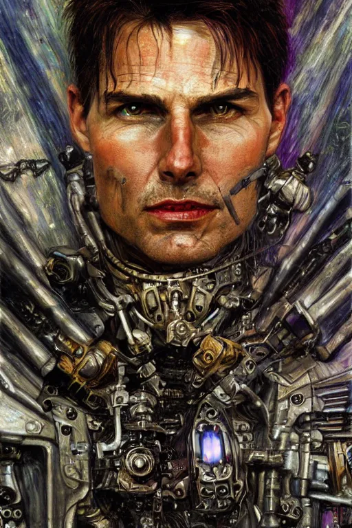 Prompt: portrait of demonic gothic Tom Cruise in mechanical armor, cyberpunk, Warhammer, highly detailed, artstation, illustration, art by Gustav Klimt