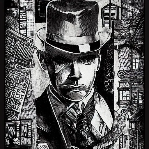 Image similar to noir detective, black ink on paper, trending on artstation, beautiful, intricate, detailed