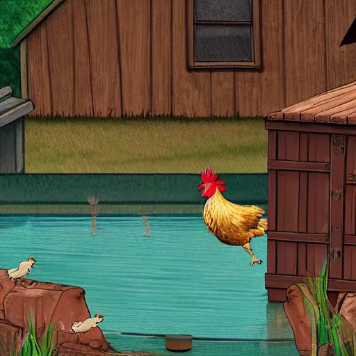 Prompt: A digital painting of a thief tripping and falling into a pond. In the background, there's a chicken coop where a rooster drinks from a wooden keg while sitting on stacks of dollar bills.