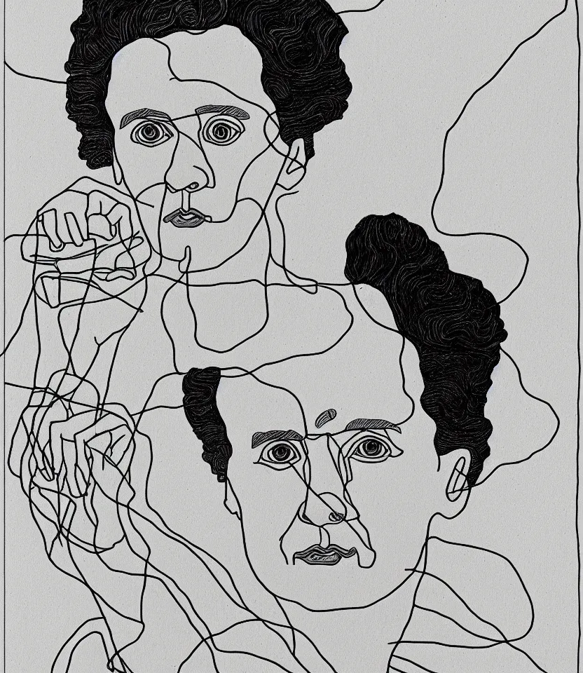 Image similar to detailed line art portrait of marie curie, inspired by egon schiele. caricatural, minimalist, bold contour lines, musicality, soft twirls curls and curves, confident personality, raw emotion