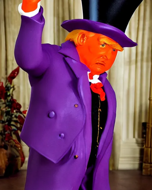 Prompt: wide angle photo of a maquette sculpture of donald trump as willy wonka, he is wearing a victorian era purple jacket and pants, and a velvet purple top hat over his long orange hair. he is holding a candy cane colored cane. his skin is an orange color like an oompa loompa. in the style of sideshow collectibles, highly detailed sculpture