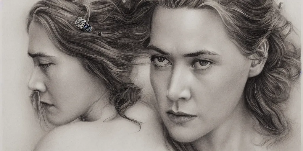 Prompt: an intricate pencil drawing on paper of young kate winslet in titanic movie lying down wearing only a large diamond necklace by greg rutkowski, rule of thirds, hyper - realistic, trending on artstation