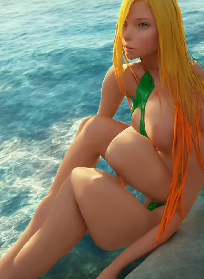 Image similar to beautiful blond woman in orange tribal bikini, blond hair pulled back off the face, green eyes, by makoto shinkai, 8 k, high resolution render, cinematic, unreal engine, clean lineart and flat color,
