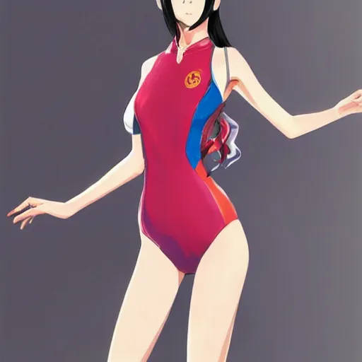 Prompt: a young gorgeous Chinese woman wearing sport racing competitive one piece swimsuit leotard, worksafe, by Cushart