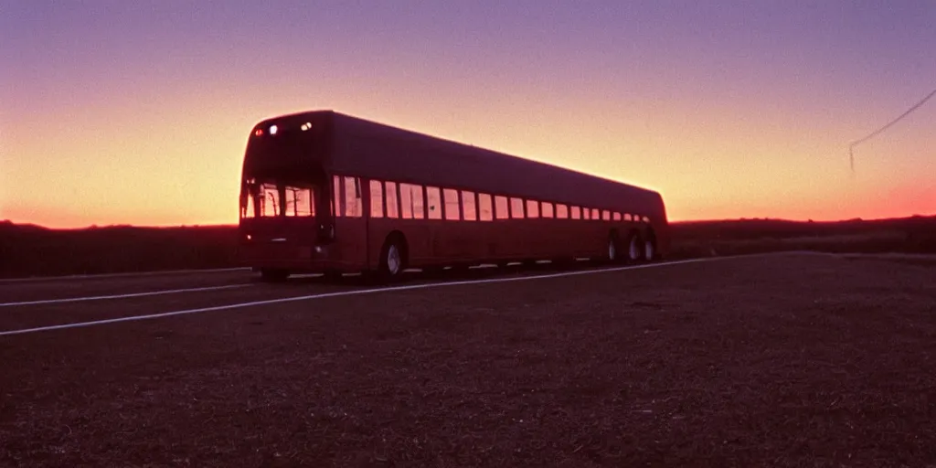 Image similar to an infinitely long greyhound bus never ending, sunset, eerie vibe, leica, 2 4 mm lens, cinematic screenshot from the 2 0 0 1 surrealist film directed by charlie kaufman, kodak color film stock, f / 2 2, 2 4 mm wide angle anamorphic