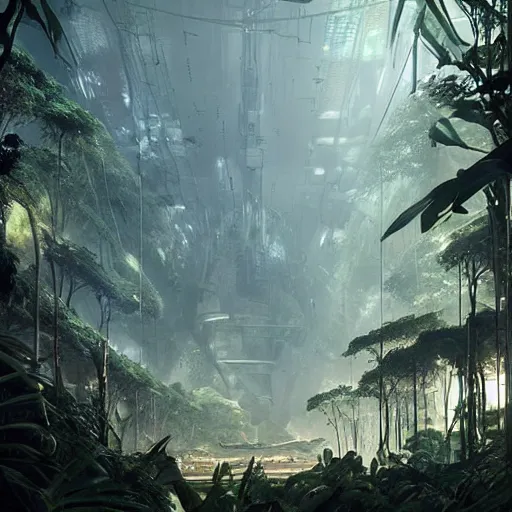 Prompt: epic alien jungle by greg rutkowski inside a giant laboratory by raymond swanland and zaha hadid