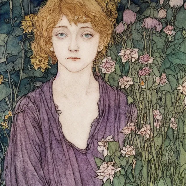 Image similar to a detailed, intricate watercolor and ink portrait illustration with fine lines of young 1 4 year old saoirse emma ronan watson looking over her shoulder, among flowers, by arthur rackham and edmund dulac and walter crane