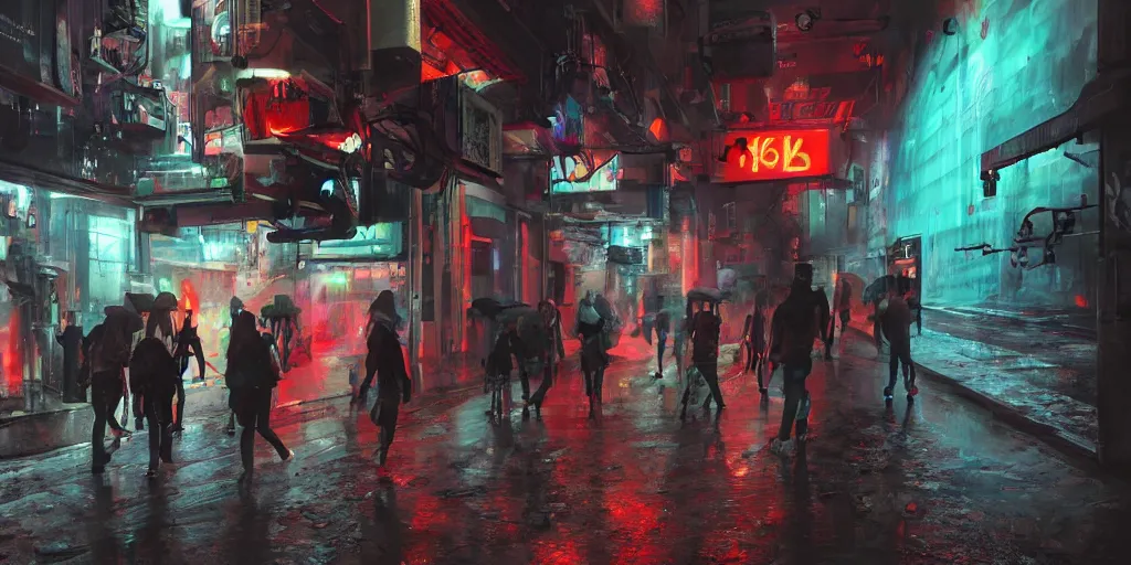 Prompt: teenagers with tech clothing and hoods and futuristic gas masks painting giant graffitis on the walls of a dystopian city, neon lights, sci - fi, night lights, rain and haze, concept art, intricate, photorealistic, in the style of katsuhiro otomo, akira, octane render, rtx, hdr, unreal engine