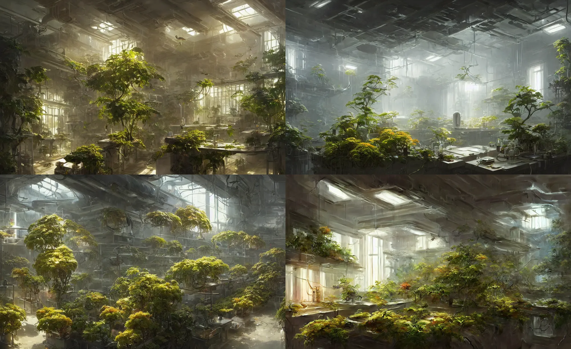 Prompt: plant laboratory ， hydroponics flower ， research office ， incandescent lamp ， future science fiction. concept art, hyperdetailed, greg rutkowski, artstation