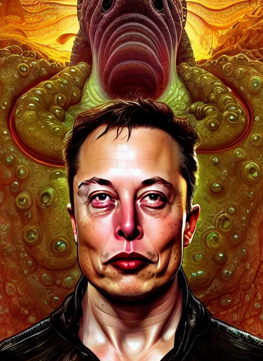 Image similar to elon musk as slimy mollusk, drool, portrait, intricate, elegant, highly detailed, digital painting, artstation, concept art, wallpaper, smooth, sharp focus, illustration, art by h. r. giger and artgerm and greg rutkowski and alphonse mucha