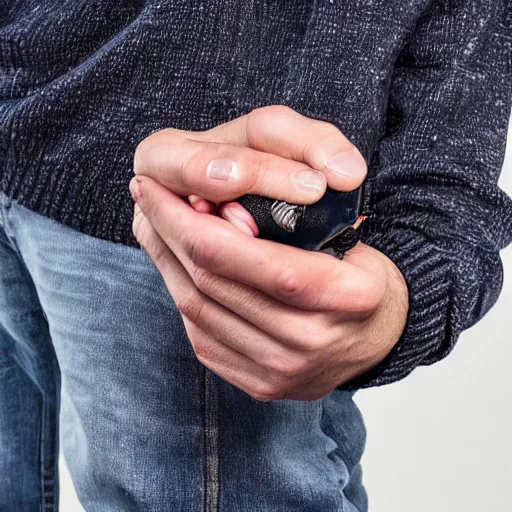 Prompt: a 21 year old skinny white guy with no beard and short black hair in a navy blue sweater , jeans and grey new balance shoes funko pop close up highly detailed photo