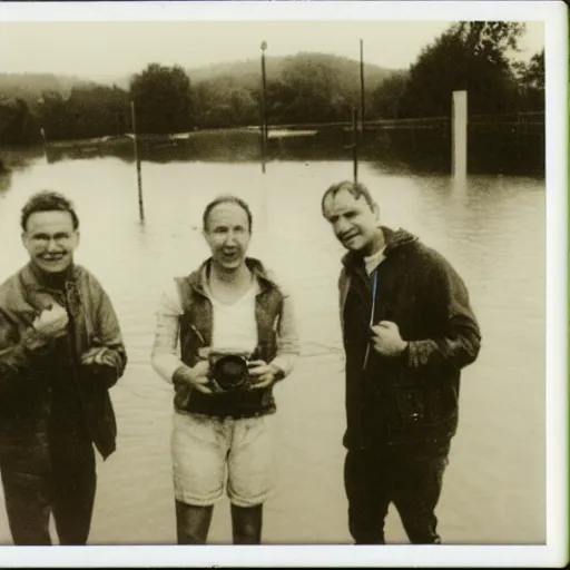 Image similar to an old polaroid of three friends standing in front of a flooded german town