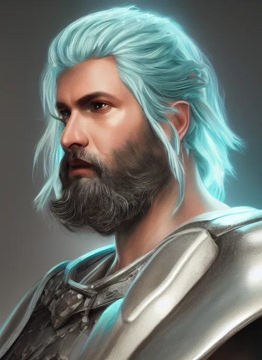 Prompt: comic book style portrait painting of an aasimar paladin, male, big angel wings on back, silver hair, short brown beard, d & d concept art, unreal 5, daz, teal aesthetic, octane render, cosplay, rpg portrait, dynamic lighting