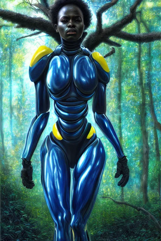 Image similar to hyperrealistic post - symbolism cinematic super expressive! black woman with exoskeleton armor, merging with tree in a forest, highly detailed digital art masterpiece, smooth cam de leon eric zener dramatic pearlescent soft blue yellow light, ground angle hd 8 k, sharp focus