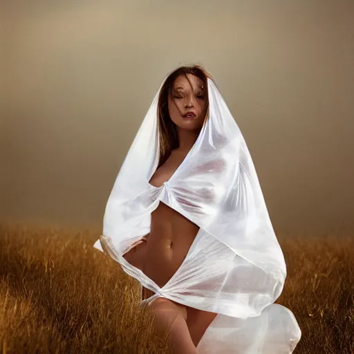Image similar to filmstill photography of female body covered with white translucent blanket acrylic liquid colors, luxurious supermodel photoshooting, golden jewelry, bokeh, godrays, strong wind, wrinkles