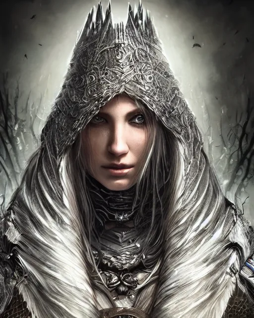 Image similar to highly detailed sharp photorealistic portrait of a beautiful female hunter with shimmering hair, symmetrical face and eyes, dressed in intricate silver, cgsociety, Elden Ring, Dark Souls, Bloodborne