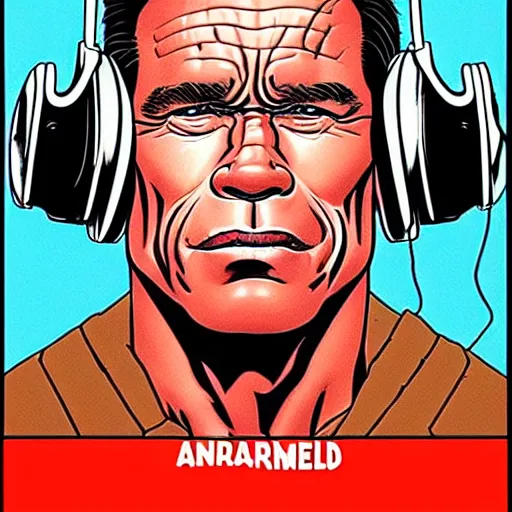 Image similar to drawn in the style of jean giraud!! arnold schwarzenegger wearing headphones and speaking into big microphone, podcast!