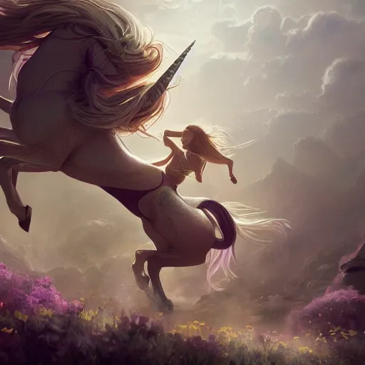 Prompt: A close up digital intricate illustration concept art of very beautiful woman riding unicorn art by Renato muccillo and Andreas Rocha and Johanna Rupprecht + dofus colors, wakfu colors + symmetry + natural volumetric lighting, realistic 4k octane beautifully detailed render, 4k post-processing, intricate complexity, epic composition, magical atmosphere, highly detailed, cinematic lighting + masterpiece, trending on artstation + symmetry