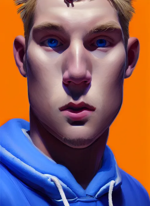 Image similar to portrait of high school senior boy named big moose, blonde short hair, jock, beefy, wide face, square jaw, square facial structure, blue varsity jacket with letter r, intricate, elegant, glowing lights, highly detailed, digital painting, artstation, concept art, sharp focus, illustration, art by wlop, mars ravelo and greg rutkowski