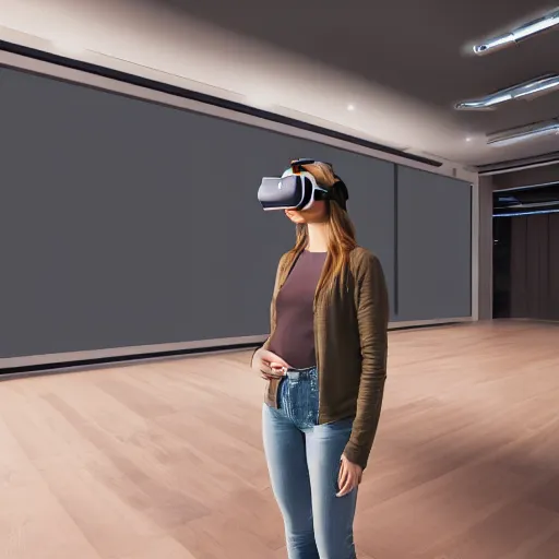 Prompt: realistic photo of a beautiful smiling person wearing a modern virtual reality headset standing in a big room. hypermaximalistic, high details, cinematic, 8 k resolution, beautiful detailed, insanely intricate details, artstation trending, octane render, unreal engine