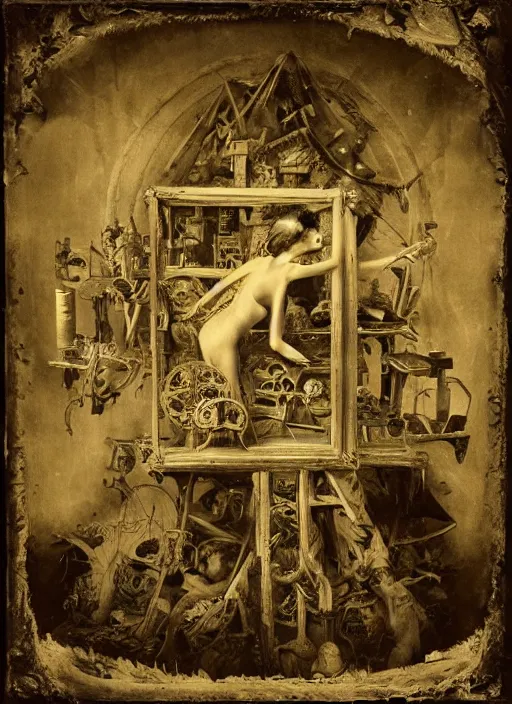 Prompt: old wetplate daguerreotype birth of civilization in times of eternal summoning, fractal, intricate, elegant, highly detailed, parallax, leica, medium format, subsurface scattering, by jheronimus bosch and greg rutkowski and louis jacques mande daguerre