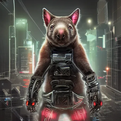 Image similar to wombat in cybernetic ninja gear wielding a samurai sword, realistic, cyberpunk, gritty, digital art, 4 k