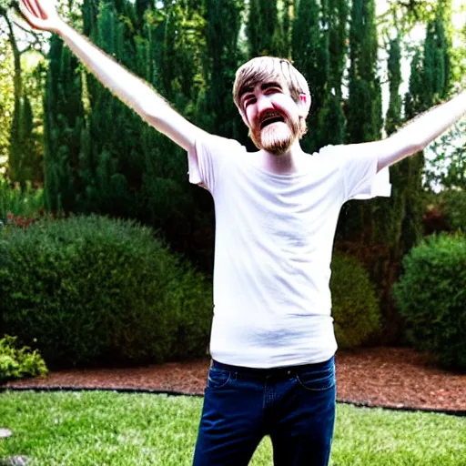 Image similar to bearded bo burnham outside of his house, smiling and dancing