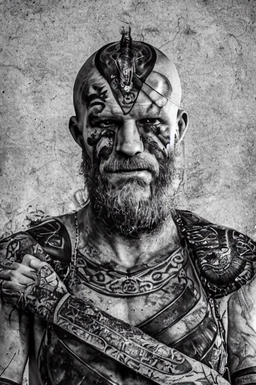 Prompt: a cinematic view of wide photo from a very ornated old man viking berseker, half shaved haircut, showing nordic tattoos in the chest, scars in the face, long beard, using leather armour with bones, photorealistic, volummetric light, detailed, texturized, leica lens high quality