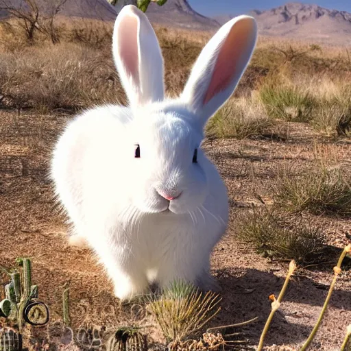 Prompt: photo of a white bunny with black spots on face and nose, in the Texas desert, cactus, desert mountains, big bend, 50mm, beautiful photo,