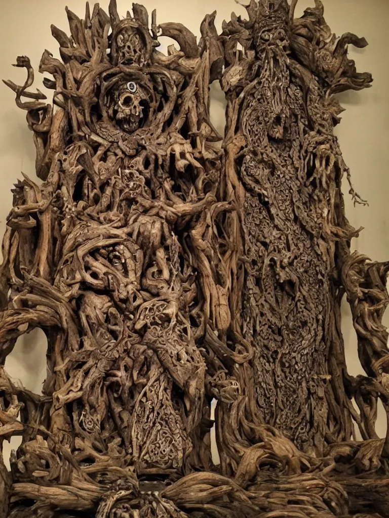 Image similar to elder wooden god sitting in a throne made of skulls, with sprouts as it ´ s crown