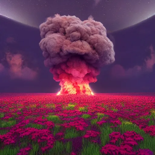 Image similar to a nuclear explosion made out of flowers, night, bioluminecent, vivid, powerful, matte painting, trending artstation, octane render, 8k,