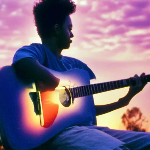 Prompt: 1 9 9 0 s candid 3 5 mm photo of a man sitting on a bench in a park playing guitar, cinematic lighting, cinematic look, golden hour, the clouds are epic and colorful with cinematic rays of light, photographed by petra collins, uhd