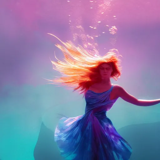 Image similar to woman dancing underwater wearing a flowing dress made of blue, magenta, and yellow seaweed, delicate coral sea bottom, swirling silver fish, swirling smoke shapes, octane render, caustics lighting from above, cinematic, hyperdetailed