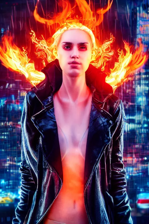 Prompt: young blonde woman with flames dancing on her hands with a long jacket in a cyberpunk city, detailed and realistic face, detailed and realistic hands, realistic, high definition, 4 k, shimmering color, epic digital art