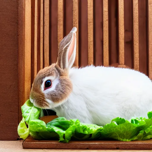 Prompt: Rabbit laying down in a cage, eating lettuce, half black half white, very furry, pink nose, at home, close up, National Geography , photorealistic, ultra-detailed, 4k high resolution, HDR shot