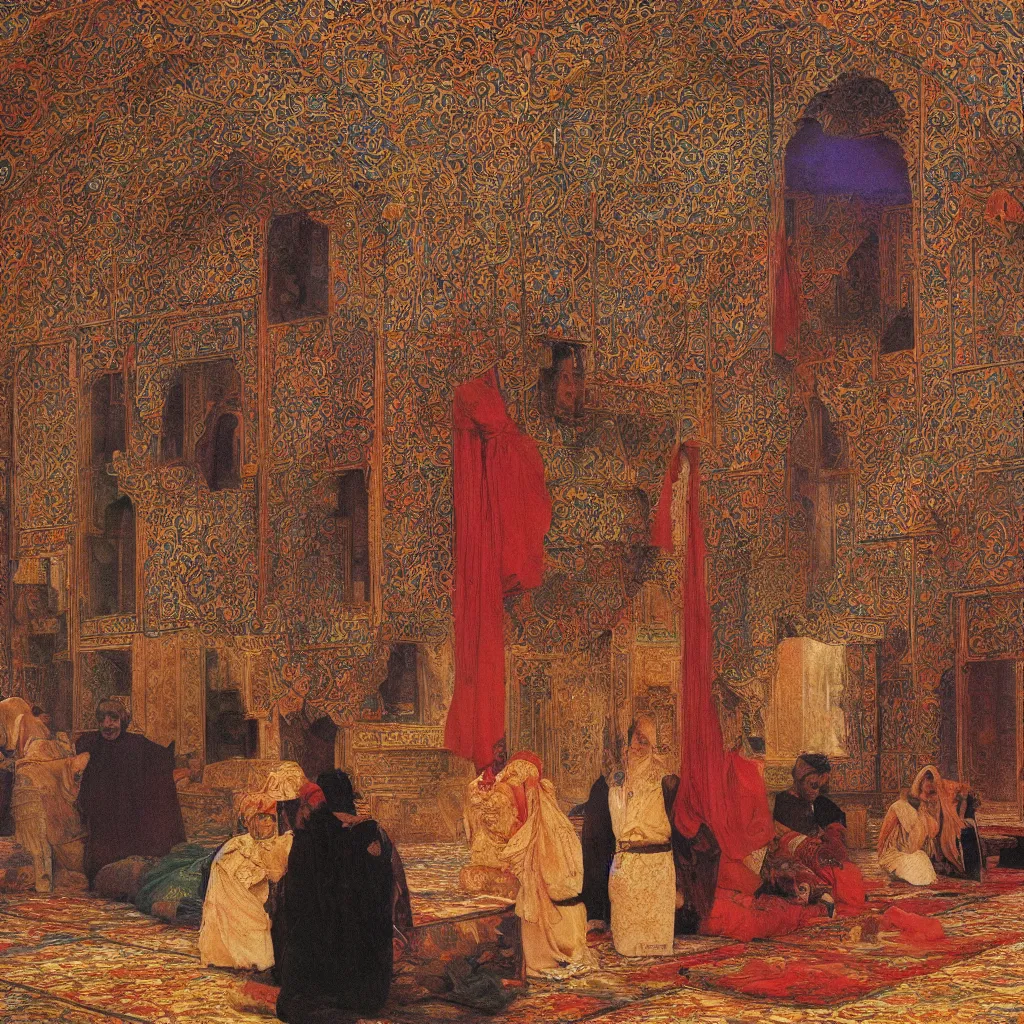 Prompt: osman hamdi bey, brightly coloured patterns on its ceilings